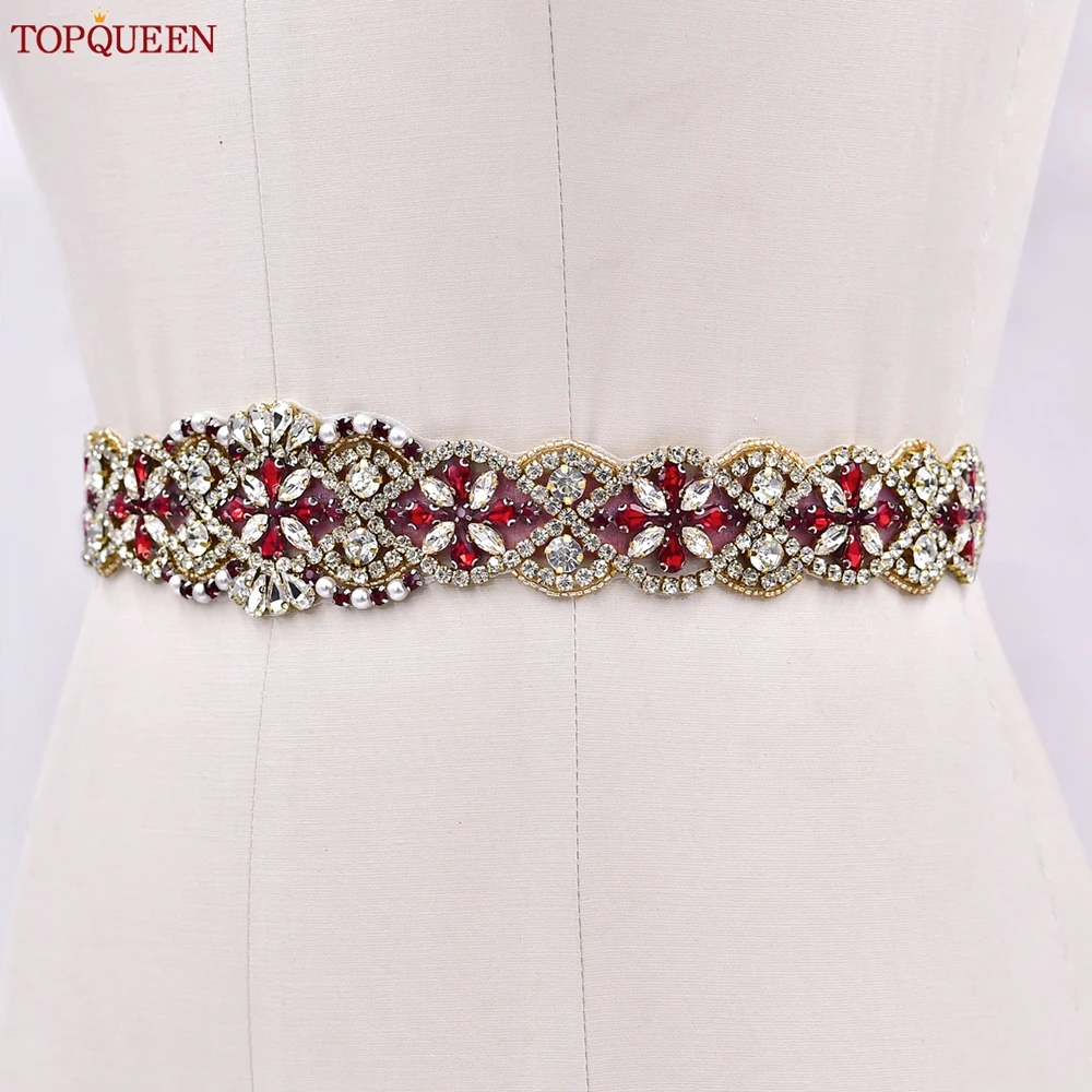 TOPQUEEN Bridal Belt Sash Wedding Dress Accessories Wine Red Rimestone With Gold Belt Ribbon Party Bridesmaid Gift S161B-G-Red