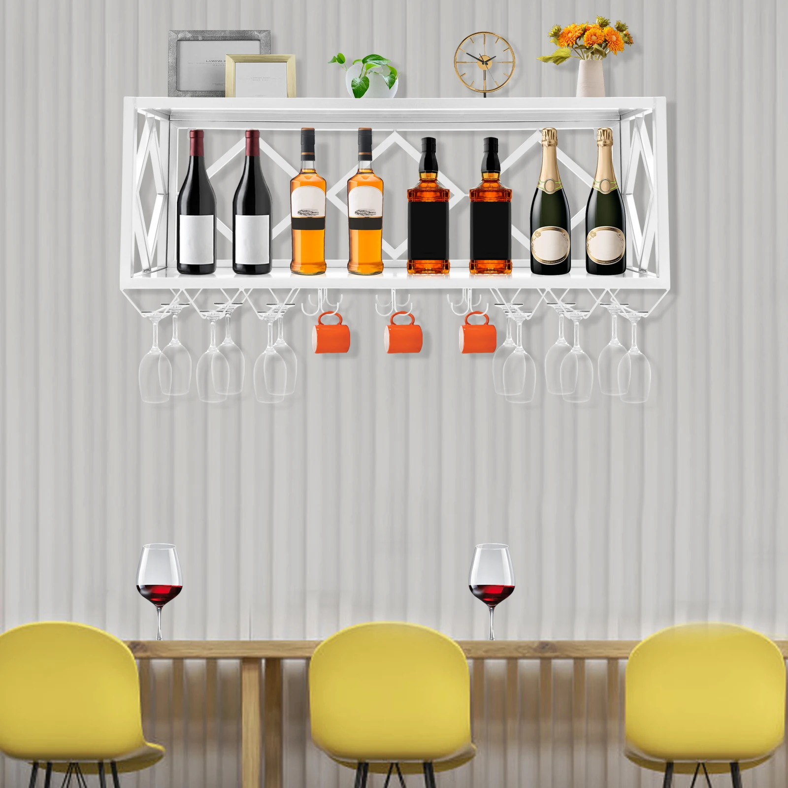 Wall Mounted Wine Rack 50kg/110.23 lbs Load Capacity, Industrial White Iron Shelf with 12 Goblet & 12 Mug Hooks, Kitchen Bar Storage Organizer, Rustproof Space-Saving Display for Home Restaurant