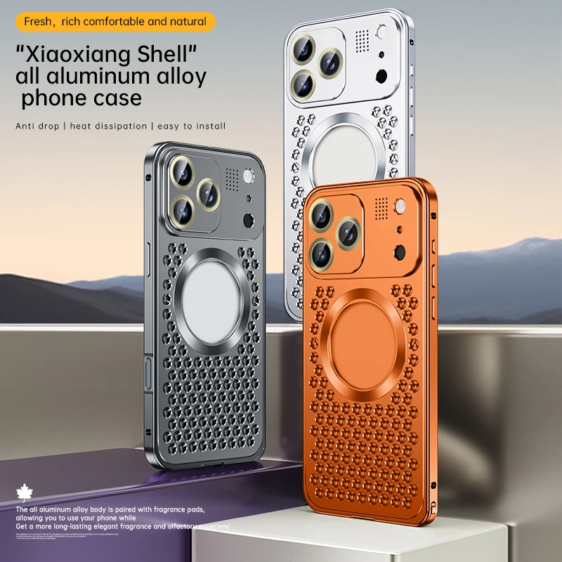 

For iPhone 17 16 Promax Phone Case,16 17 Pro Aromatherapy Metal Magnetic Mesh Exposed Label Spring Buckle Protection Back Cover