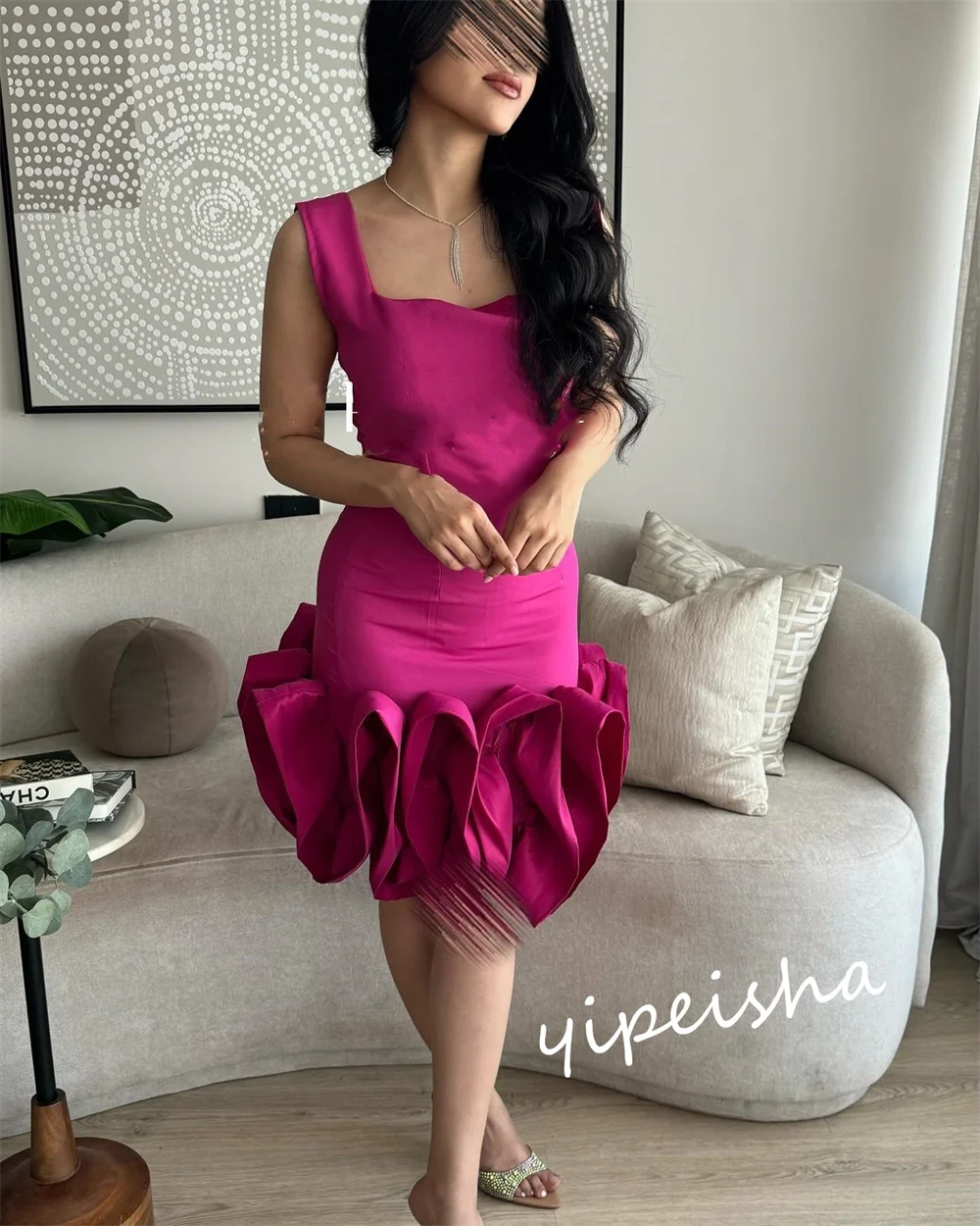 Jiayigong  Prom Jersey Pleat Birthday A-line Square Neck Bespoke Occasion Gown Knee Length Dresses