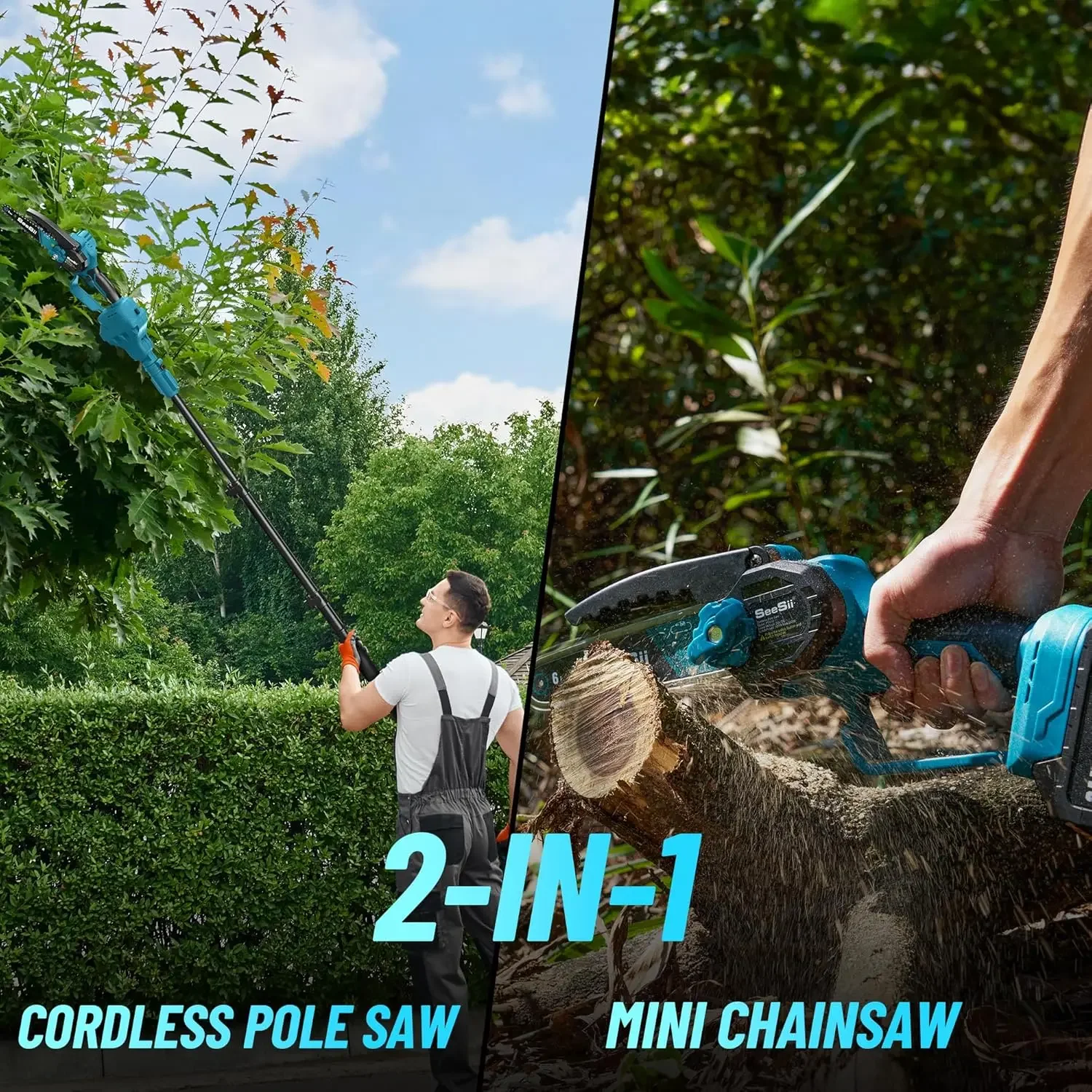 2-IN-1 Cordless Pole Saw & Mini Chainsaw, 6-Inch Chain Saw with 2x 2.0Ah Battery, 16-Foot MAX Reach