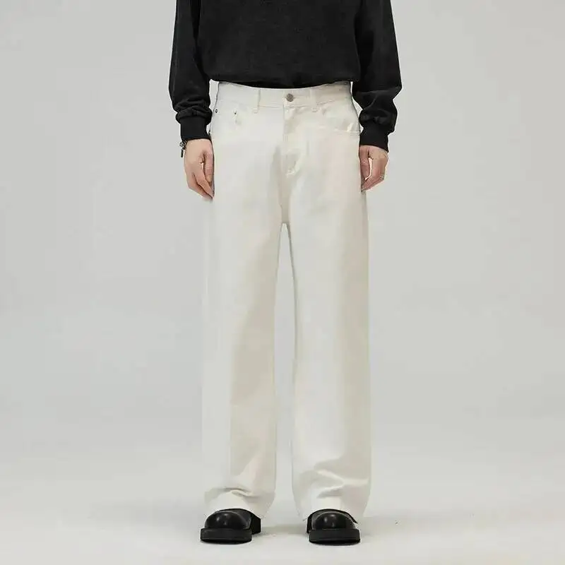 Korean Style Men's Denim Pants Solid Color Straight All-match Trousers Wide Leg Loose Male Jeans Summer Streetwear VF78