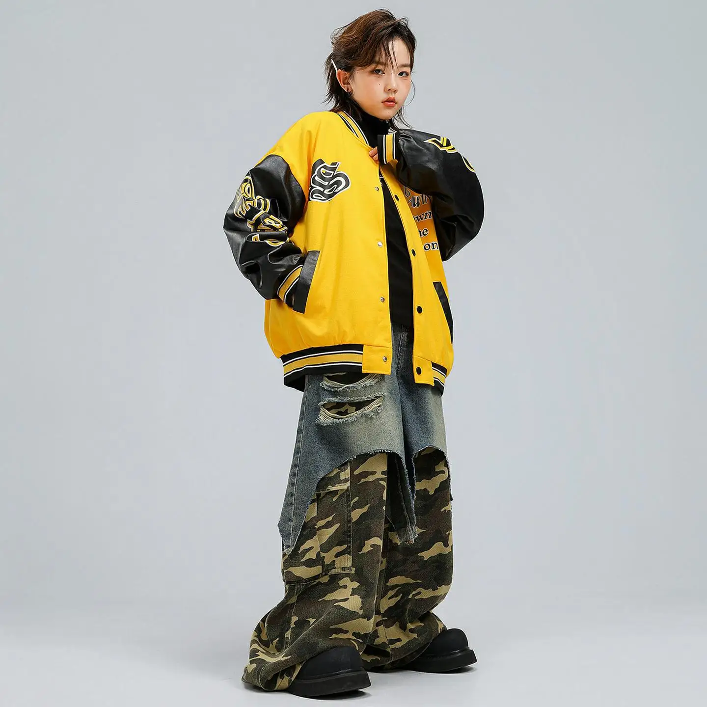 طفل Kpop الهيب هوب الملابس سترة صفراء سترة واقية الدنيم الأزرق كامو المرقعة ممزق السراويل لفتاة صبي أزياء رقص الملابس #4