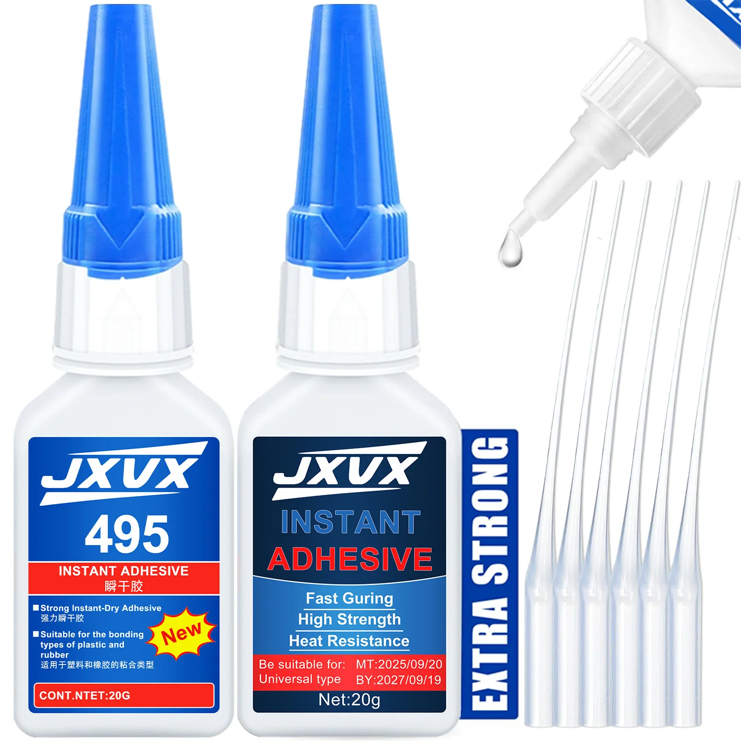 New 495 Multi-Purpose Super Glue Original Cyanoacrylate Adhesive 5-second quick-dry Instant Fast Adhesive Rubber Wood Glass Stronger All Bonding Glue 20g Includes precision dispenser 5PCS.