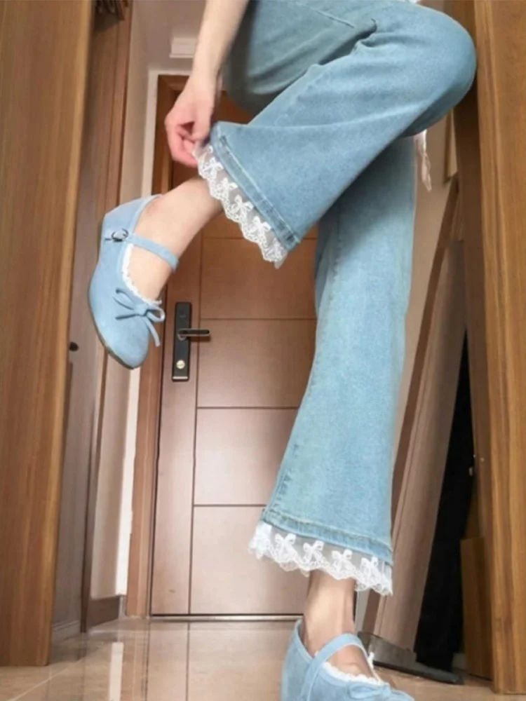 

Джинсы-колокольчики с высокой талией, женские эластичные джинсовые брюки с девятью точками, осенние модные брюки больших размеров с прямыми штанинами, расклешенные брюки