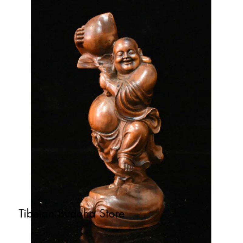 8 Chinese Boxwood Wood Hand-Carved Happy Laugh Maitreya Buddha Hold Peach Statue