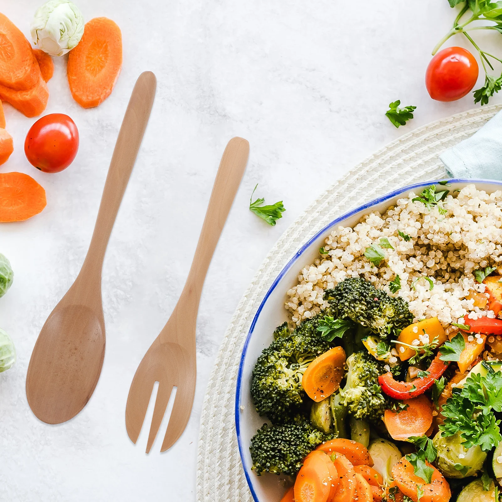 

1Set Wood Salad Spoon Fork Set Premium Eco Friendly Material Lightweight Long Handle for Salad Pasta Soup Rice Servers