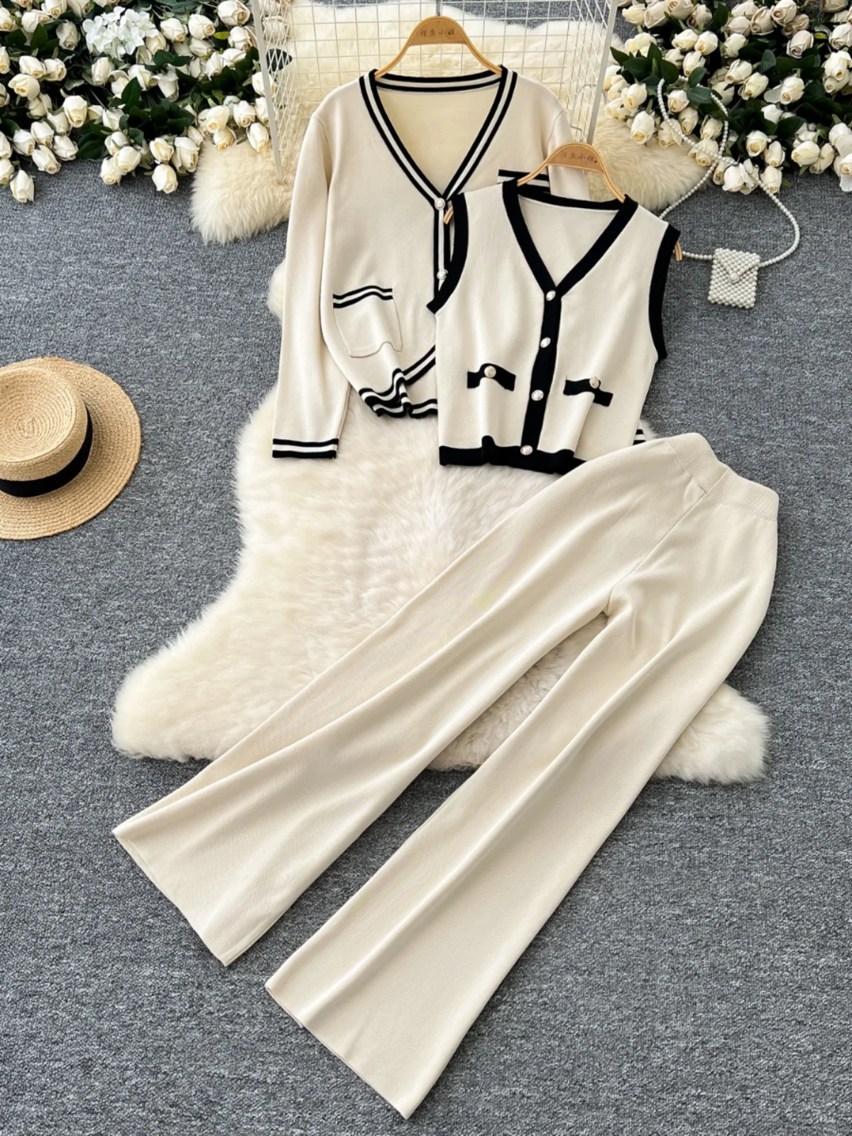 Gagaok Casual 3 Piece Set Women Retro Contrasting V Neck Sleeveless Vest+long Sleeved Knitted Cardigan Jacket+wide Leg Pants