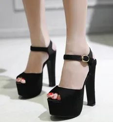 Fashion Women Ankle Strap Sandals Casual Flock Buckle Strap Thin Heels 15CM Open Toed High Heels Women Sandals Discount Pumps
