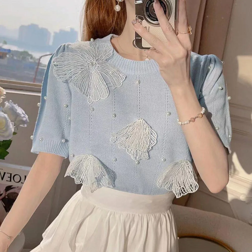 

French Gentle Style Knitted Sweaters for Women's Summer New Versatile 3D Flowers Slim Short Sleeve Knitwears Top Trendy Female