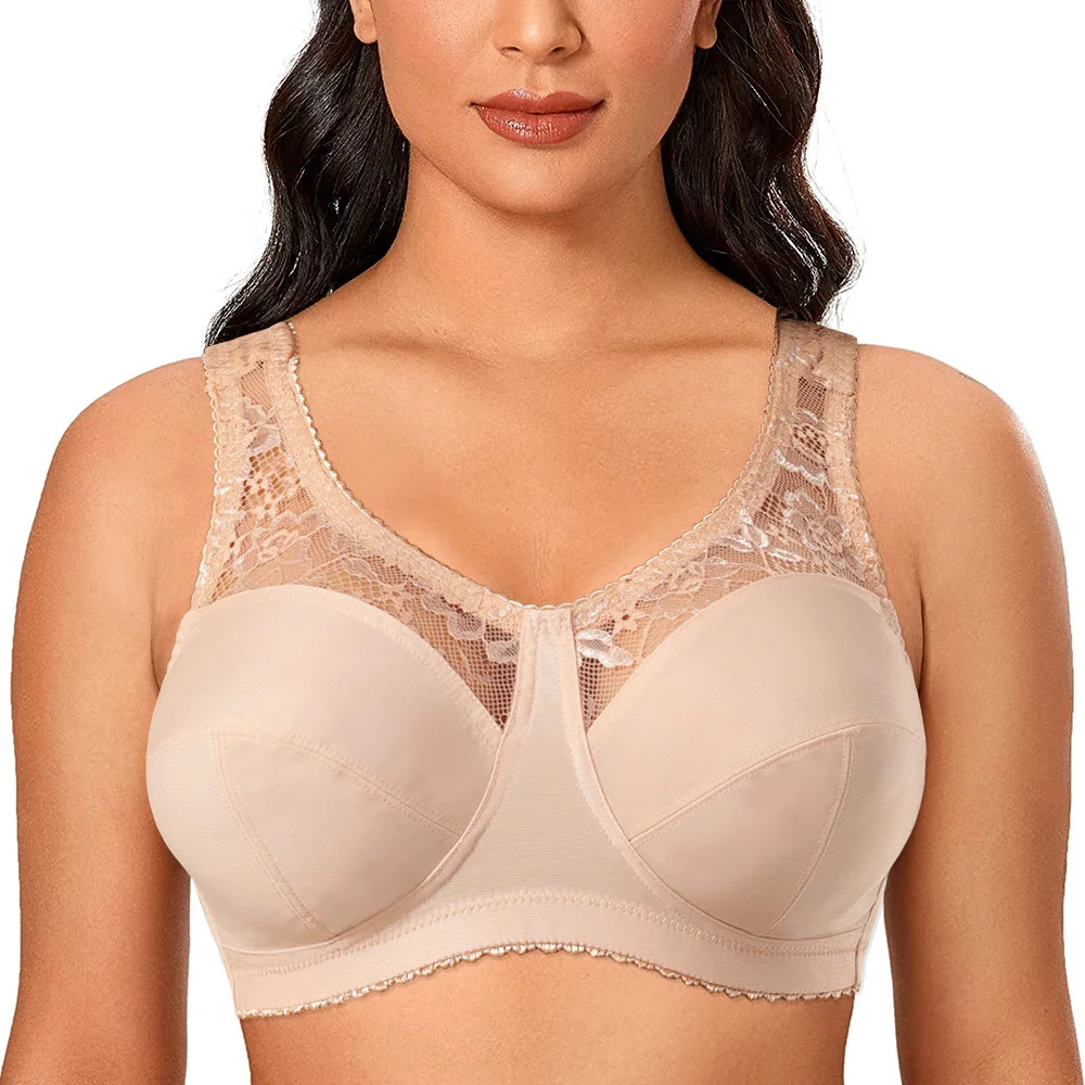 Women's Smooth Sexy Full Coverage Wire Free Non Padded Bra Plus Size Lace Bralette 36 38 40 42 44 46 48 50 B C D E F Cup