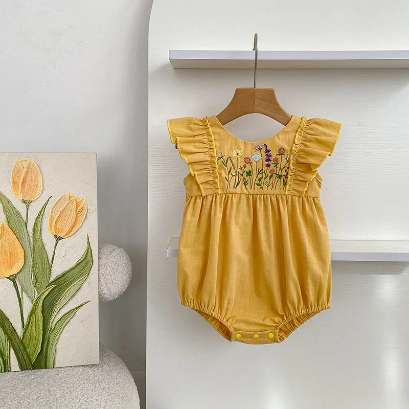 Girls Onesie 2026 Spring and Summer New Childrens Clothes Korean Style Girl Baby Sweet Embroidered Floral Flying Sleeve Onesie