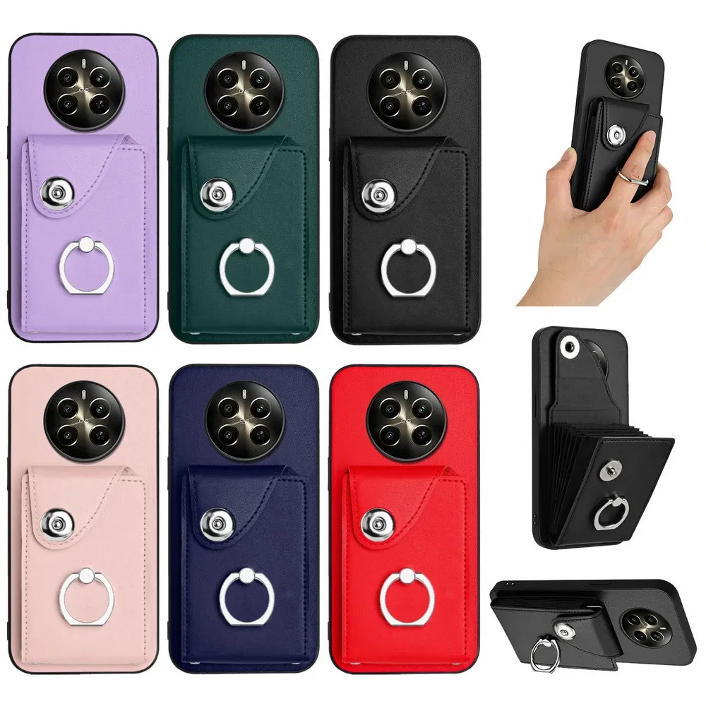 Realme 12 13 14 Pro Plus 5G 럭셔리 케이스 OPPO Realme 12 Plus 가죽 지갑 홀더 카드 Etui Realmi 13 14 Pro 링 뒷면 커버