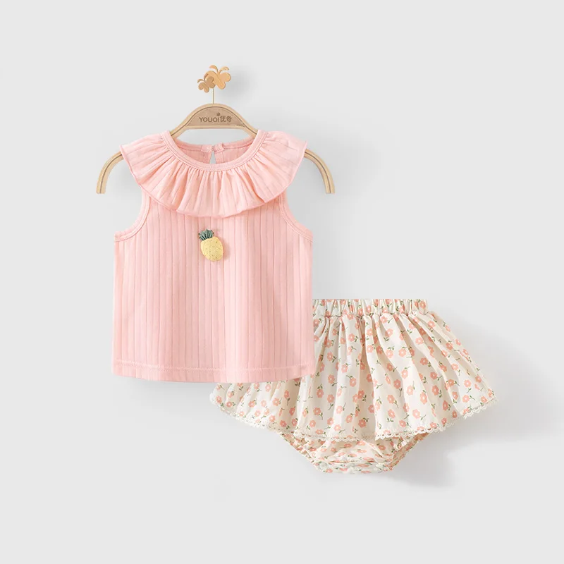 مجموعة الصيف للفتيات الصغيرات: بلوزة برقبة اللوتس المزينة بالأناناس الوردي + بذلة مطبوعة بالأزهار تنورة قصيرة حلوة ولطيفة من قطعتين #5