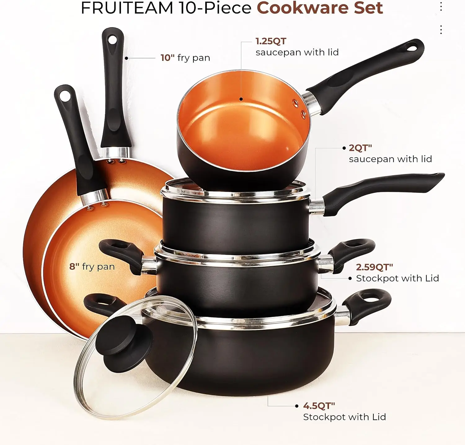 FRUITEAM 10pcs cookware ceramic non-stick stockpot, milk pot and frying pan cover, copper aluminum pot lid