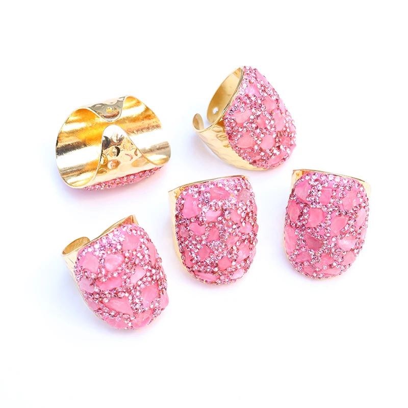 Irregular Rose Quartz Open Ring for Women Girls Gold-color Handmade Micro Inlay Pink Rhinestone Party Wedding Gifts Jewelry