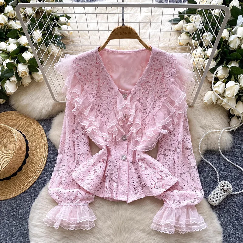 

French Style Elegant Lace Splice Doll Collar Flare Sleeve Blouse For Women Single Breasted Slim Long Sleeve Top
