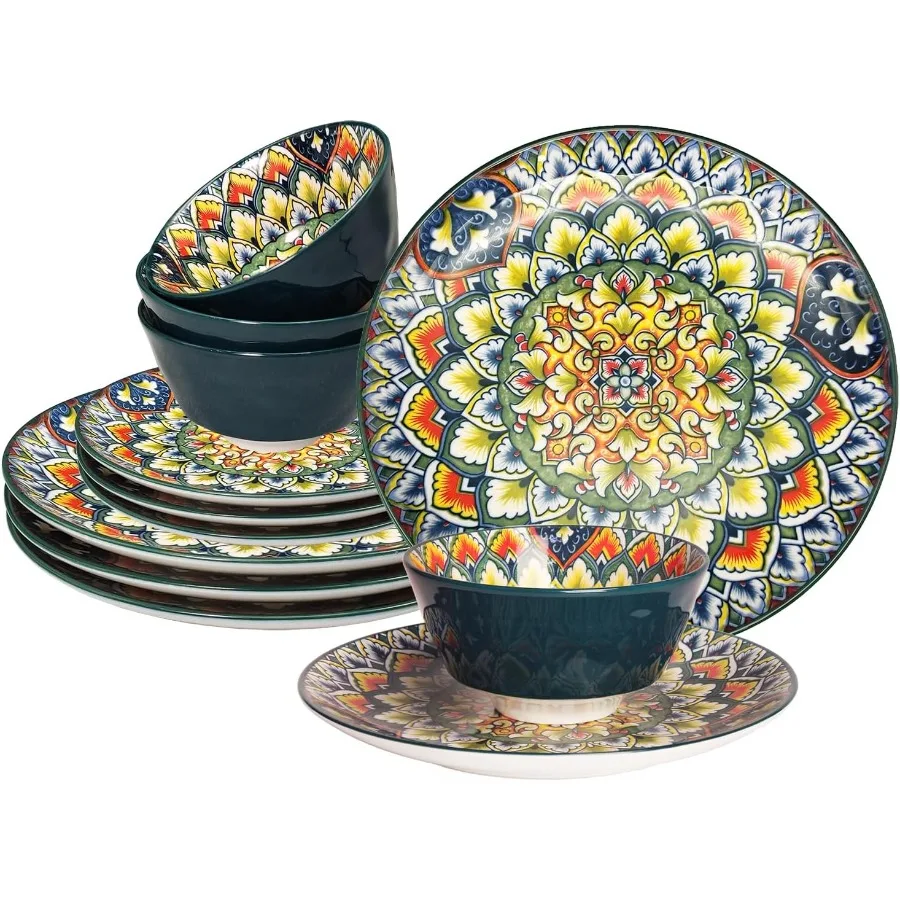 

Наборы столовой посуды Mandala, 12 предметов, 4 столовых приборов, тарелки в стиле бохо и миски, набор посуды с глубокой тарелкой 8 дюймов, 10 дюймов, обеденная тарелка 4.