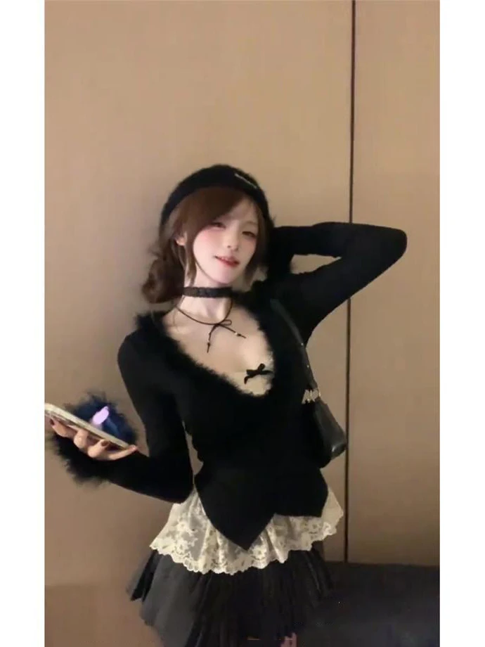 Y2k Women's 2 Pieces Sexy V-neck 2000s Lace Halter Top Slim T-shirts Bow Harajuku Sweet Black Korea Long sleeves Fashion Vintage