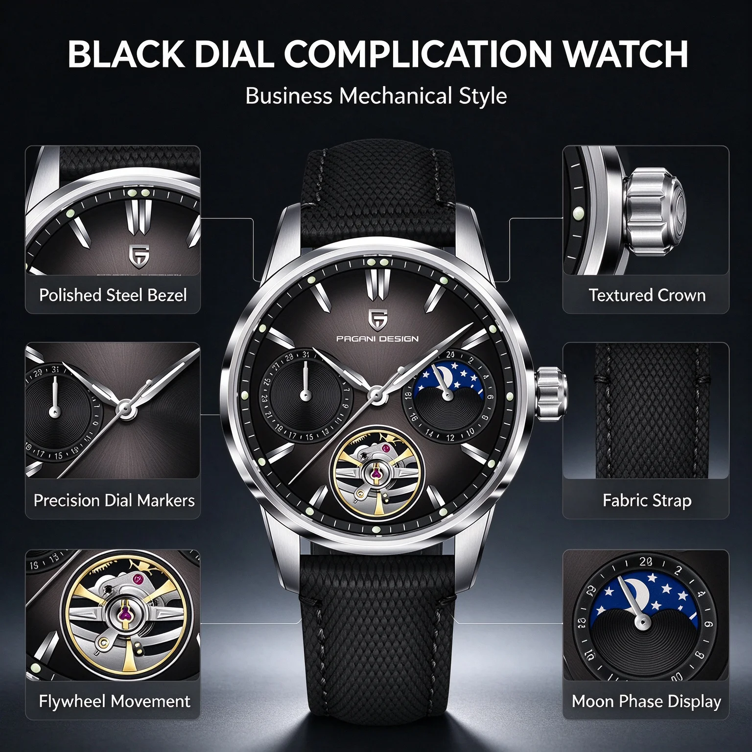 Pagani Design PDYS021 Men's Sports Casual Watch Automatic Skeleton Moon Phase Blue Dial Waterproof Gift Watch for Men