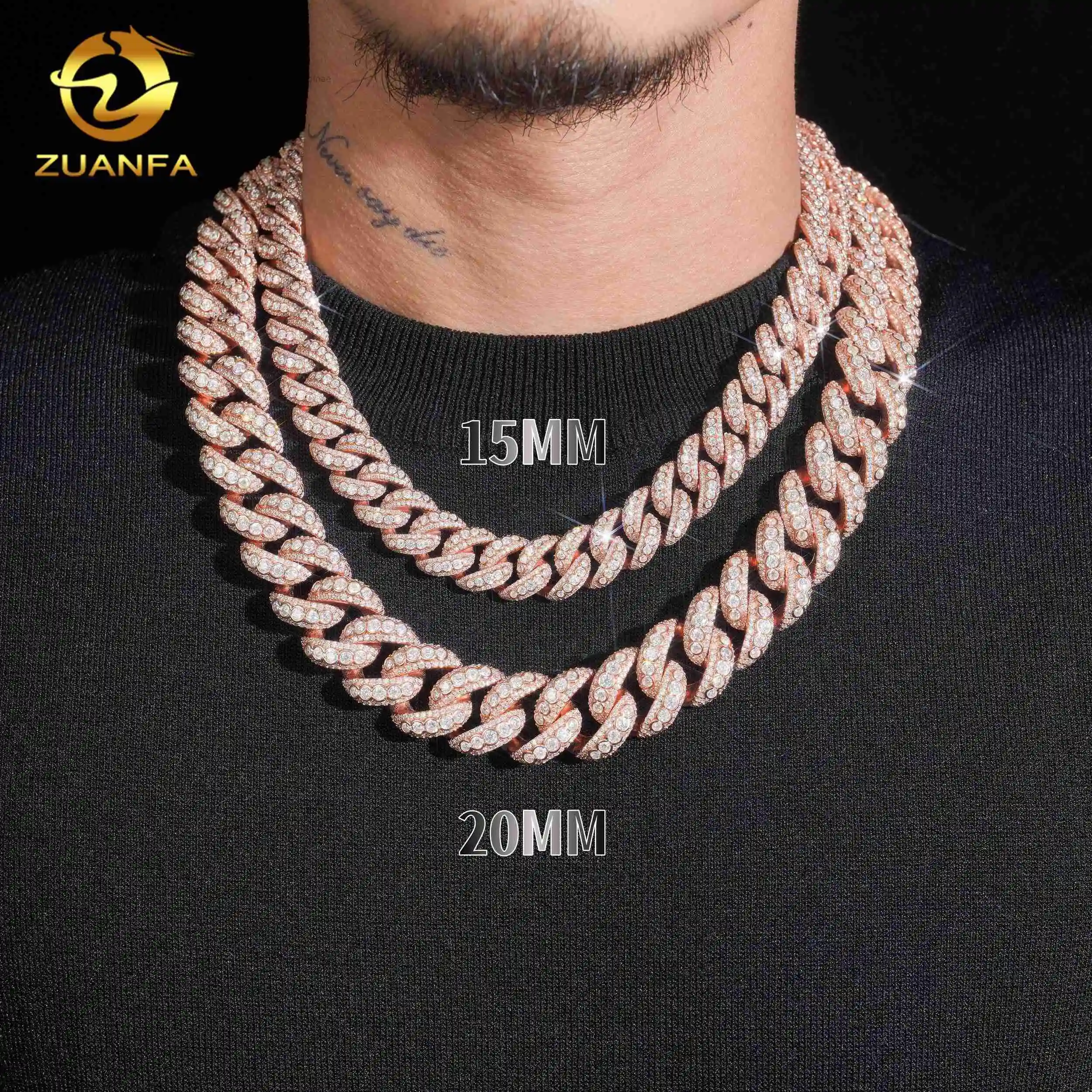 Zuanfa Jewelry Bezel Set 15mm 20mm Moissanite Chain Cuban Links 925 Silver Oval Shape Cuban Link Chain Necklace Rose Gold Plated