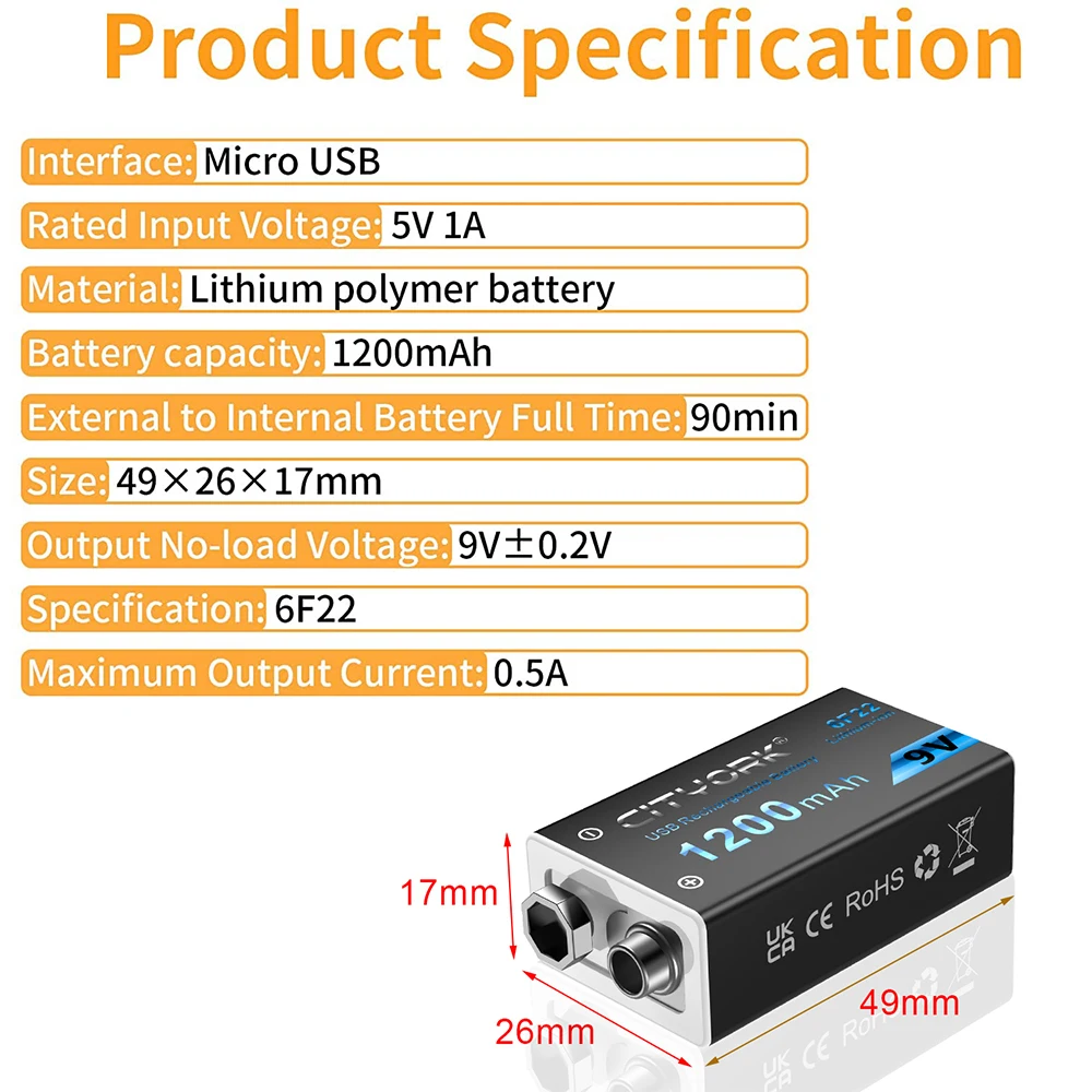 Akumulator 9V 1200mAh 6F22 9V Micro USB do ładowania akumulatorów z kablem USB do wykrywacza metali Mikrofon Zabawka Multimetr