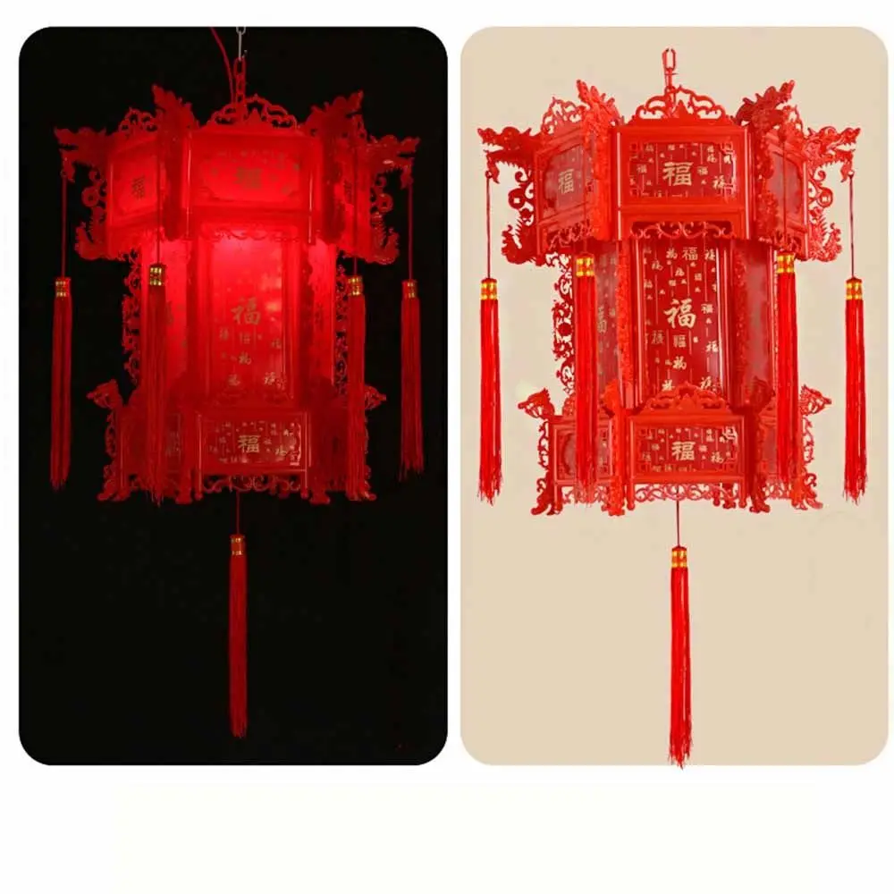 Hexagonal Chinese Antique Lantern Chinese Style Hanging Spring Festival Chandelier Lantern PVC Red New Year Hanging Lantern