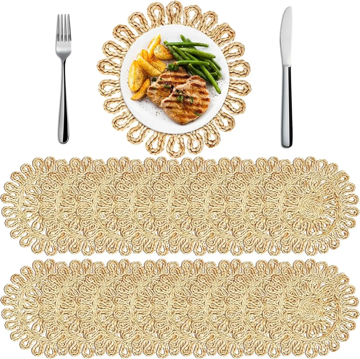 96-16PCS Woven Placemats Boho Table Mats Straw Tablemat Wedding Farmhouse Decor Baby Shower Party 13.5inch