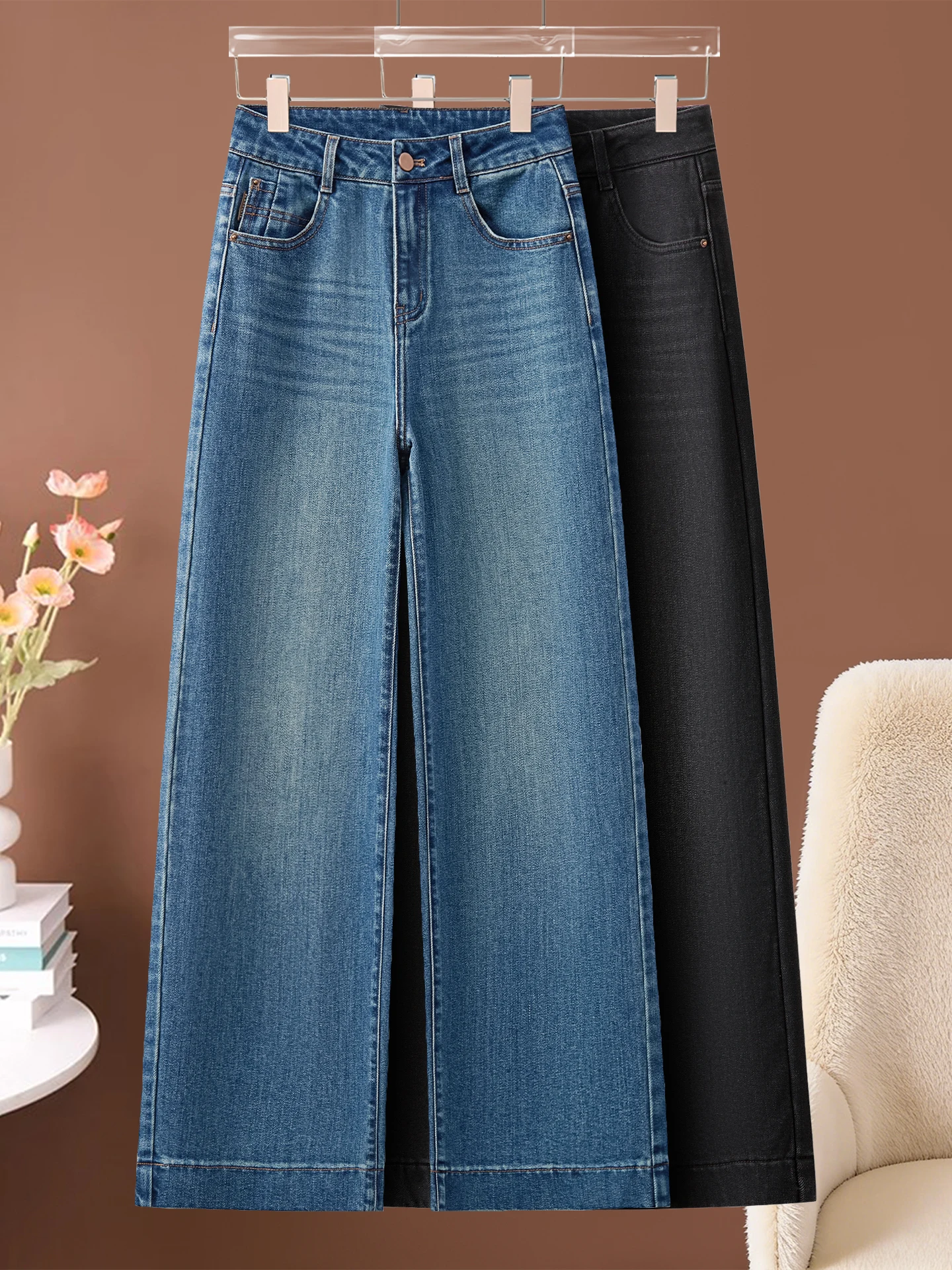 

Ретро джинсы с высокой талией, облегающие, с широкими штанинами, женские повседневные прямые джинсовые брюки, весна-осень, новый популярный стиль