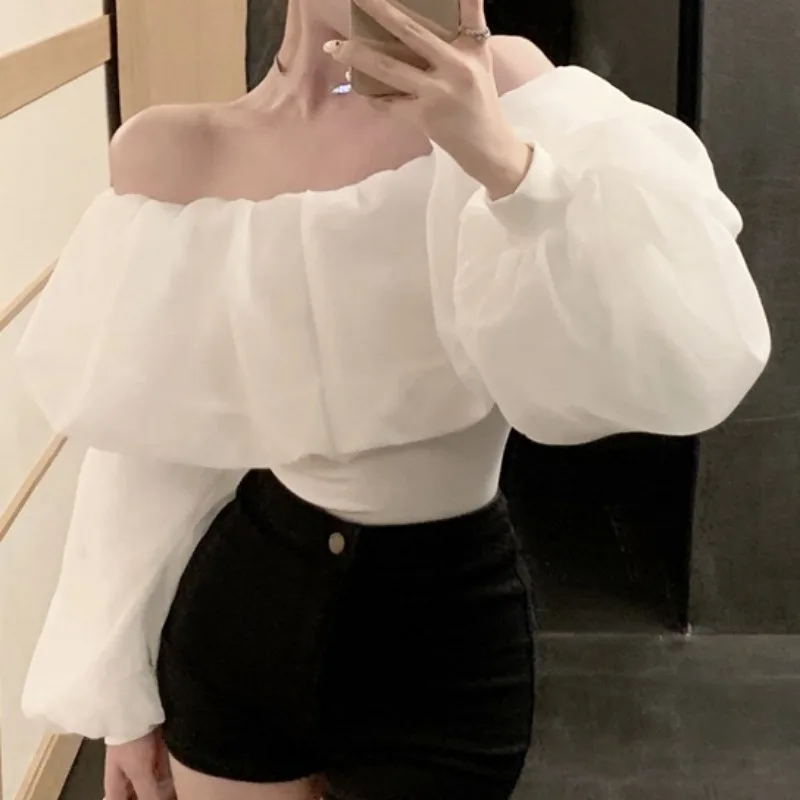 Matakawa Slash Neck Blouses Women Tops Puff Sleeve Solid Spring Summer Blusas Feminina Korean Fashion Sexy Short Shirts