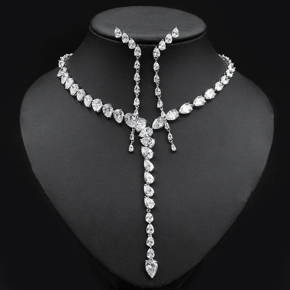 1Set Beautiful Wedding Dress Women's Jewelry Set Two-Color Splicing Water Drop Synthetic Zircon Gemstone For Necklace/Earrings