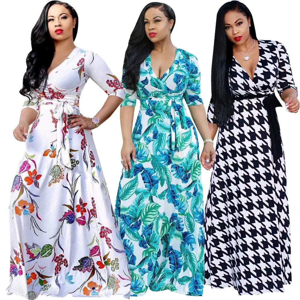 Women Sexy Bodycon Dress Beach Bohemian Maxi Splicing Floral Print Sexy Club Party Long Sleeve Long Dresses 2024