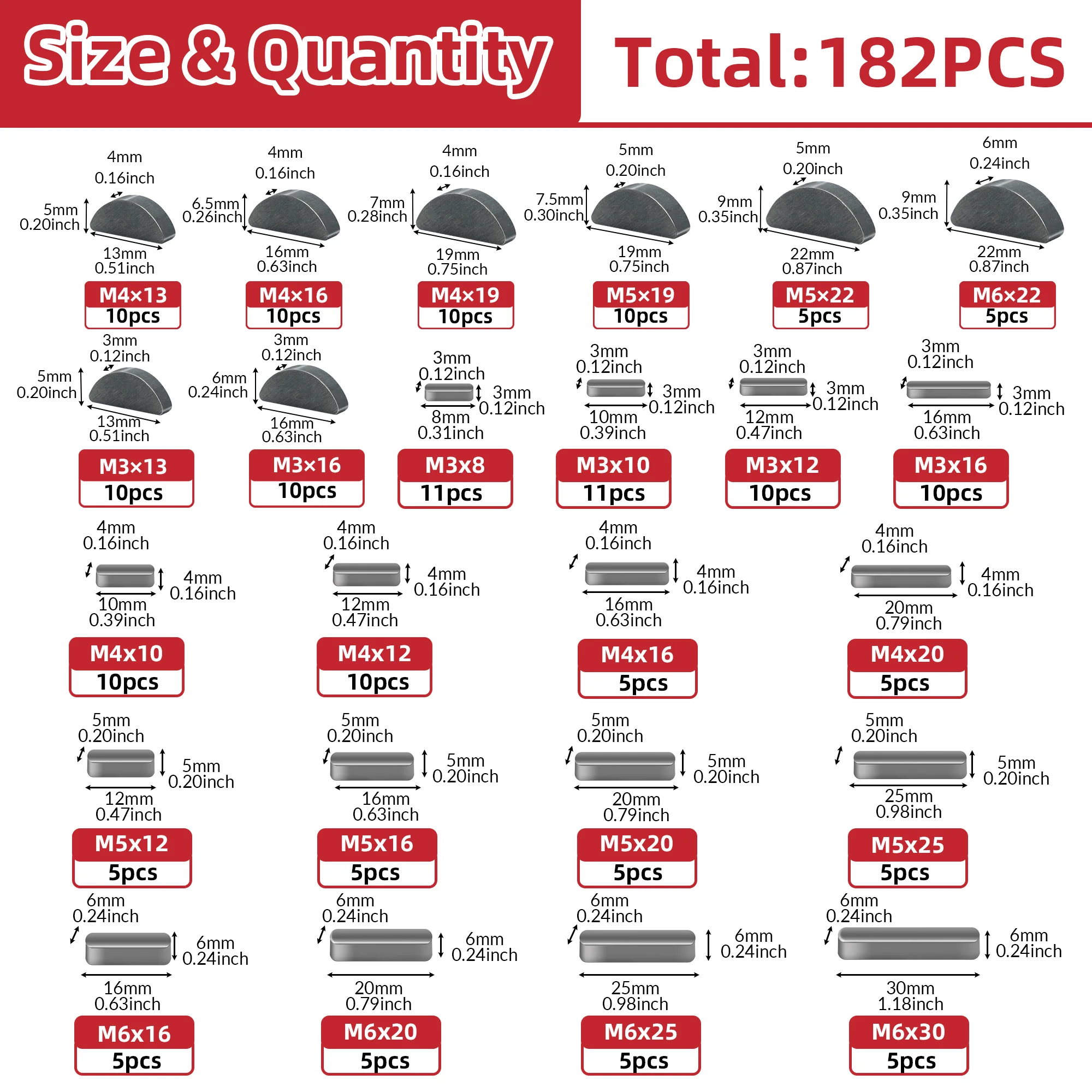 182Pcs Carbon Steel Woodruff & Parallel Flat Key Assortment Kit, Semicircular Half Moon Key Pin, Straight Flat Key Set for Shaft