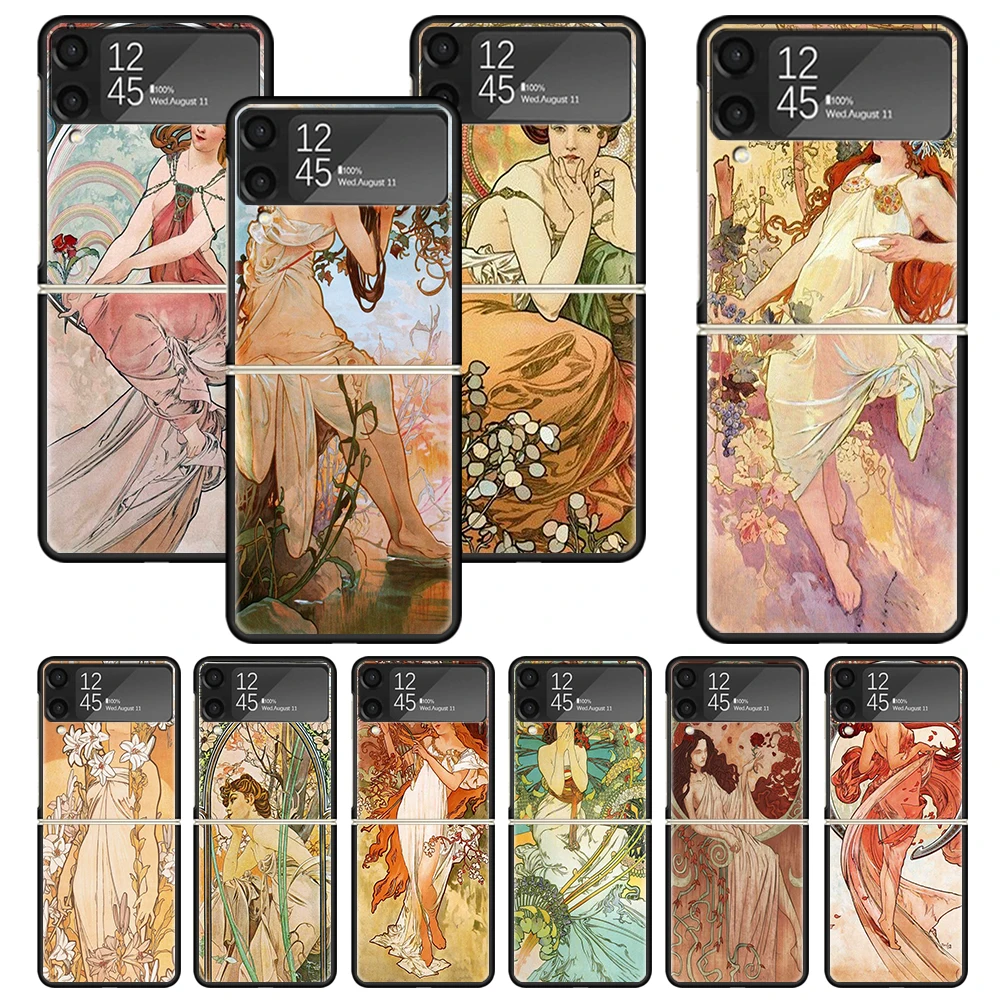 Alfons Mucha Primavera Print Case For Samsung Galaxy Z Flip 3 4 5 5G Black Hard Cell Phone Shell ZFlip3 Flip4 Flip5 Pattern Cove