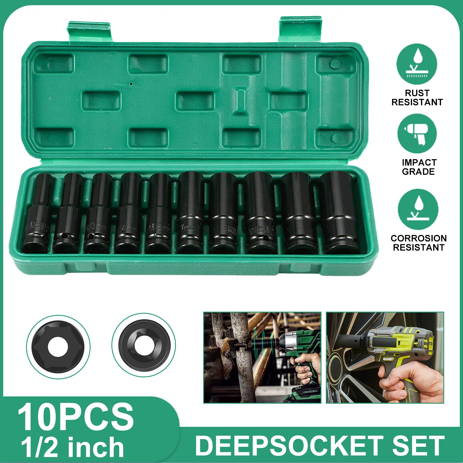 10Pcs 1/2'' Drive Deep Impact 6-Point Hex Socket Set 8mm-24mm Extended Hex Wrench Sleeve Tools Full Kit With Storage Box