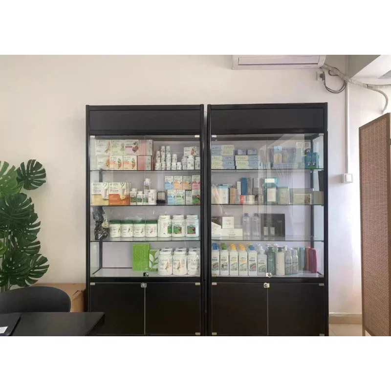 Customized-smoke shop display cabinet with LED lights aluminum frame display lockable showcases glass display retail store