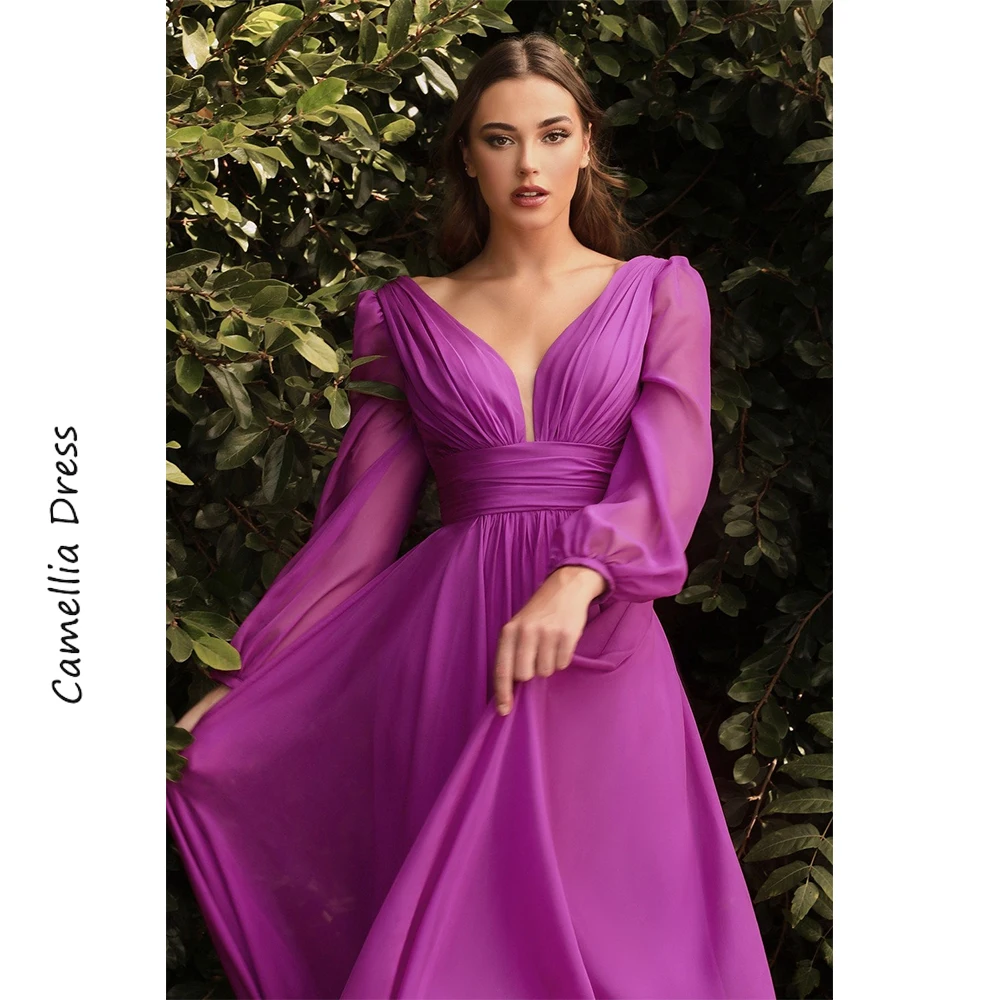 

Unique Evening Dresses Long Sleeve A-Line Party Dresses V-Neck Formal Dresses Chiffon Open Back Vestidos De Fiesta فساتين السهرة