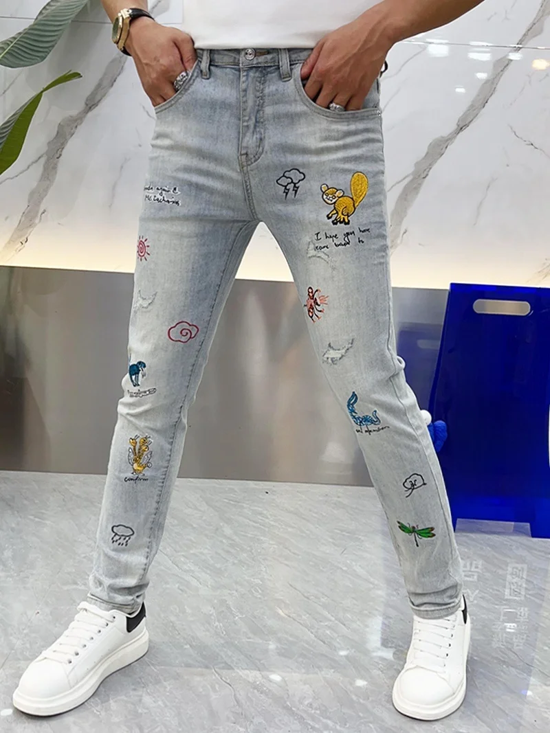

Light Wa Embroidered Jeans Casual Slim Fit Jeans Youth Faion Summer Jeans Distred Straight Leg Jeans mid Waist Zipper