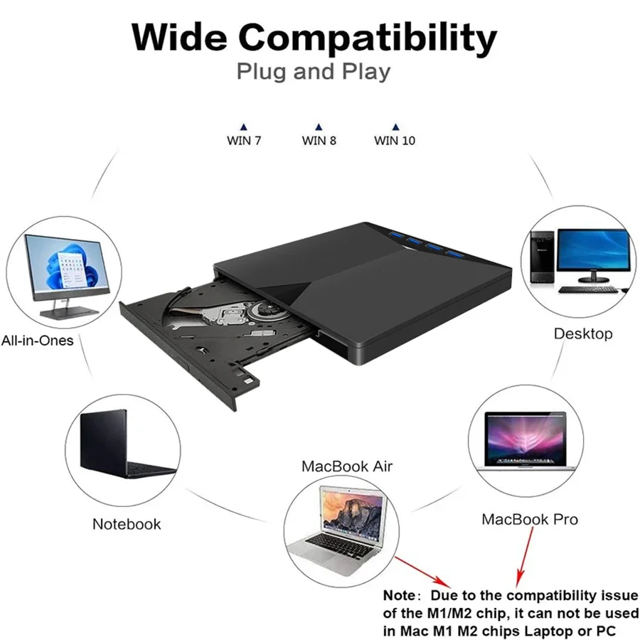 7-in-1 Ultra-Slim External CD DVD Drive USB 3.0 Portable Burner Writer for Laptop Compatible with Desktop Windows 7/8/10