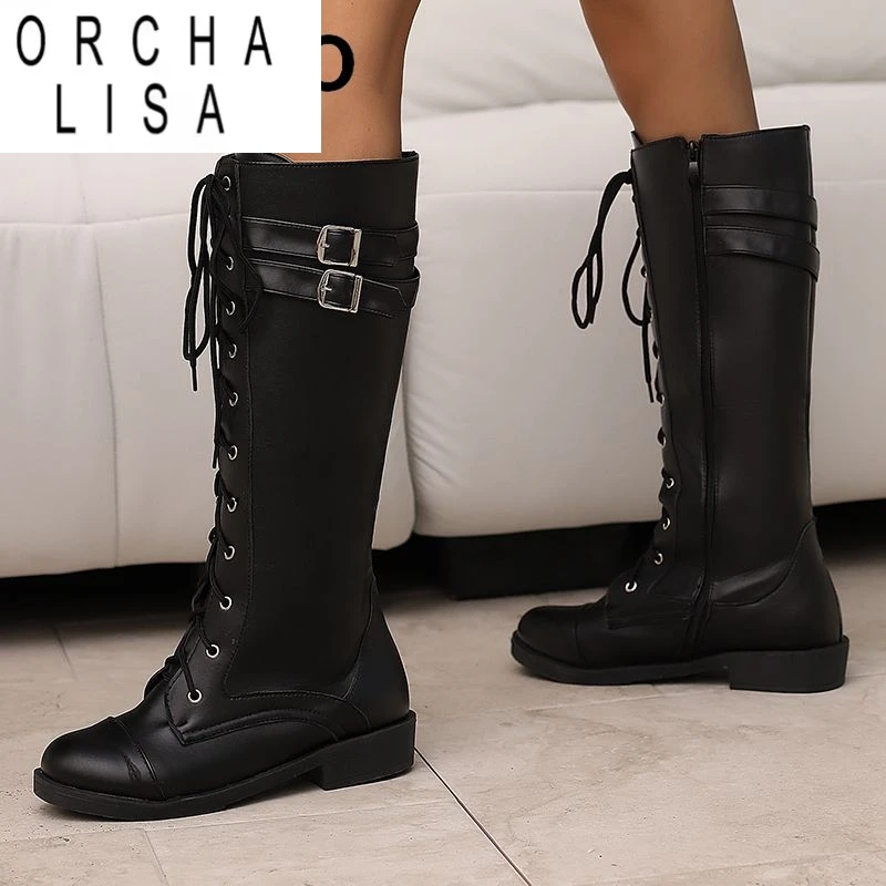 

ORCHA LISA 2025 Повседневные женские сапоги для верховой езды с круглым носком на плоской подошве на молнии со шнуровкой и пряжками на ремне, большие размеры 46 47 48 Ботильоны до колена в стиле ретро