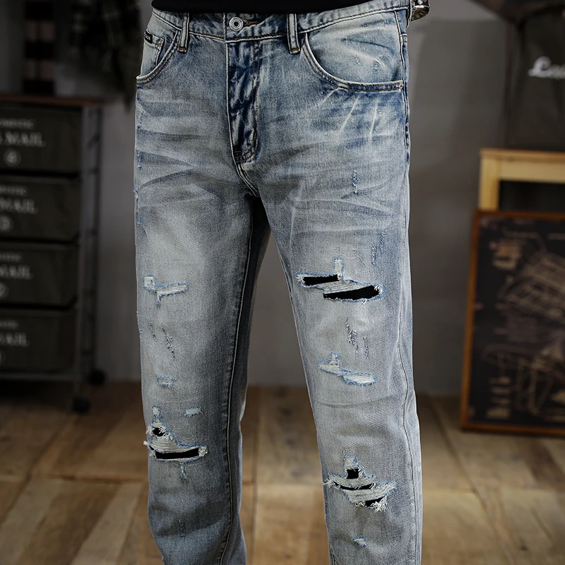 Summer Fashion Brand Washed Wear-Jeans strappati bianchi da uomo Trendy coreano High-End Slim Straight Retro Distressed Tappered Pants