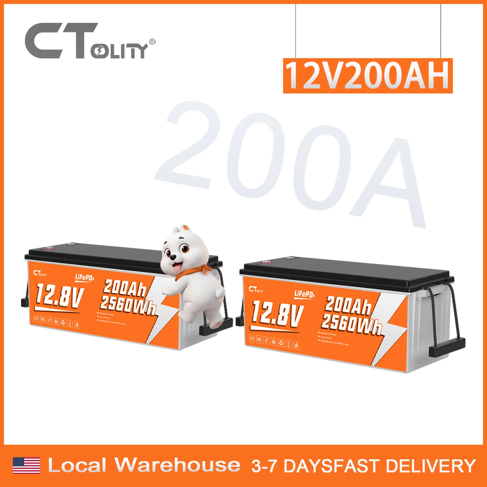 Ctolity 2PCS 12V 200Ah LiFePO4 Battery Pack 5120Wh 5.12kWh 15000+ Cycles Deep Cycle Lithium Battery with BMS for 24V Home Solar Power System