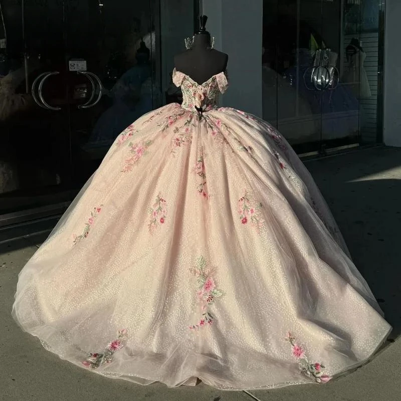 Gorgeous Colorful Floral Appliques Lace Ball Gown Quincenara Dress Off The Shoulder Illusion Corset Sweet 15 Vestidos De XV Años