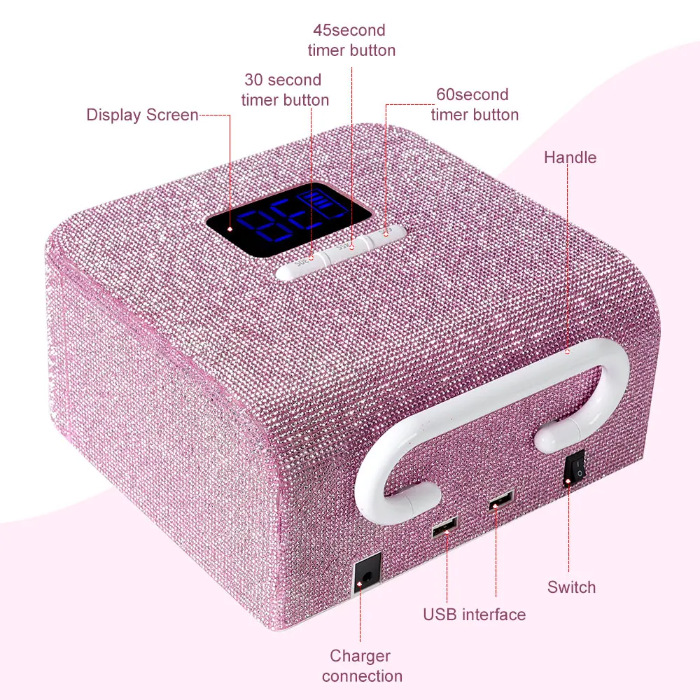 LIMEGIRL nagellamp snelle nageldroger roze zwart met strass HD-display 48 LEDS manicure pedicure machine nagelgel drooggereedschap