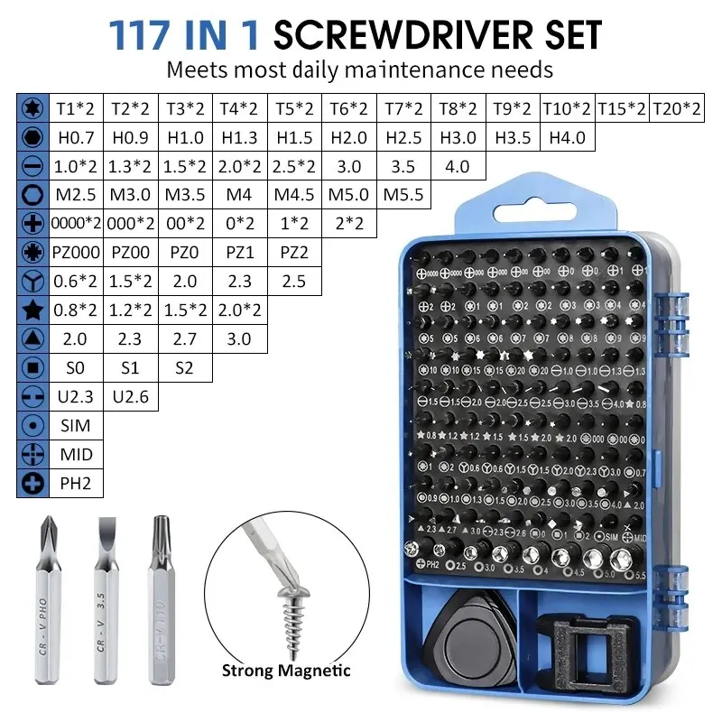 Precision Screwdriver Set Multifunctional Hand Repair Tool 117 in 1 with 98 Magnetic Torx Phillips Bits for iPhone Watch Xiaomi