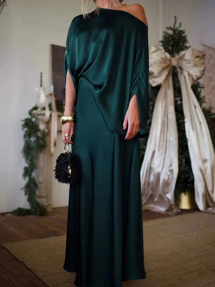 

Весенне-летний новый комплект: элегантный атласный топ с открытым воротом и юбка-полусолнце, однотонный, свободный крой, для офиса и вечеринок