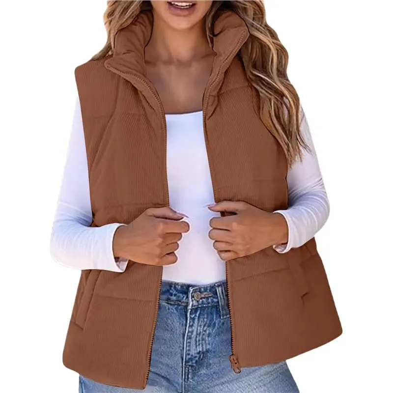 

CYL-Women Fall Fashion Sleeveless Vest Winter Cropped Outerwear Warm Puffy Stand-Up Collar Down