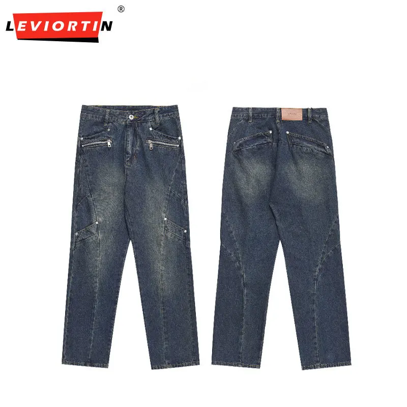 Zipper Decoration Jeans Mens Patchwork Pocket Washed Distressed Casual Streetwear Wide Leg Denim Pants Men