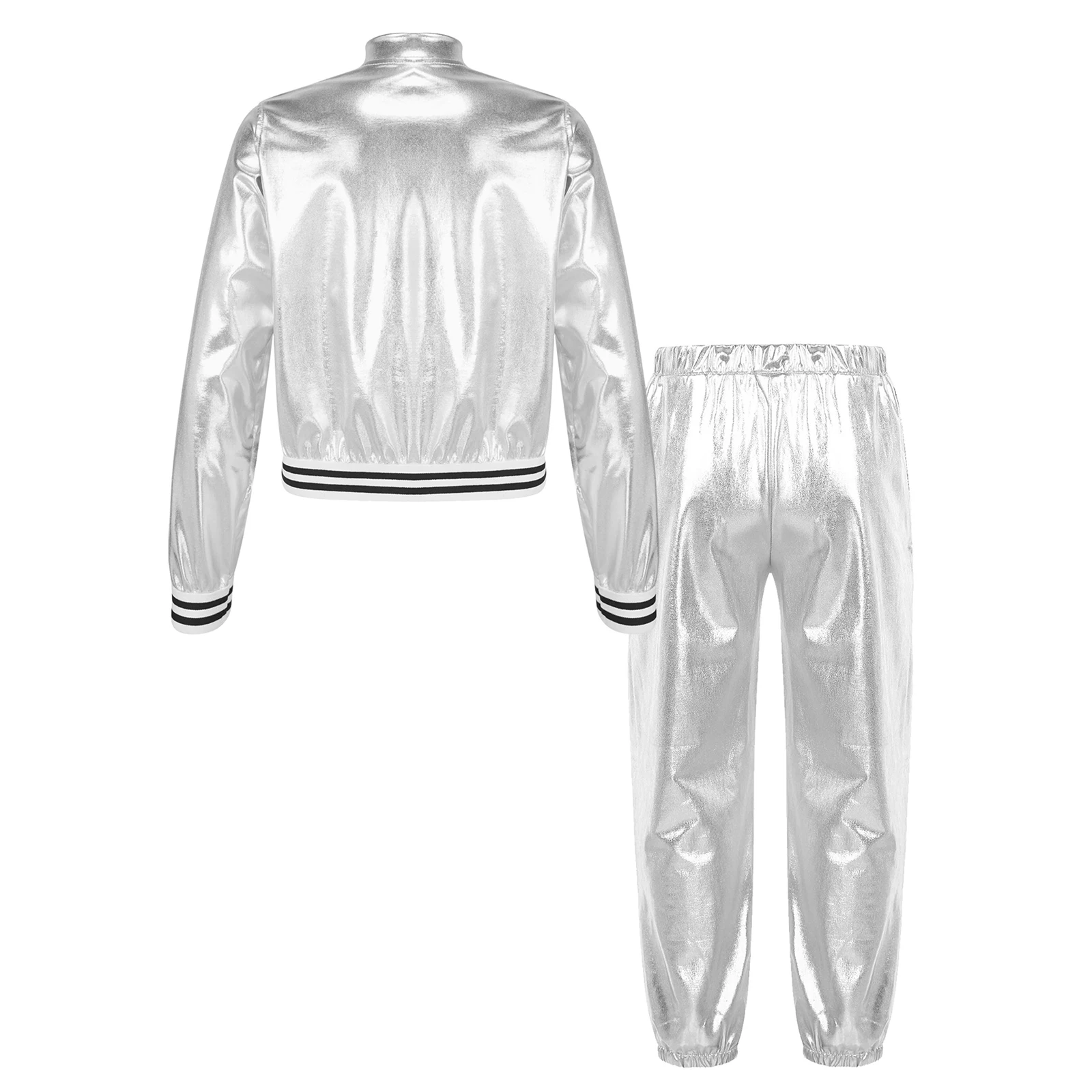 Kids Girls Modern Jazz Hip-hop Dance Costume Street Dancing Performance Outfits Sparkle Metallic Zipper Jacket with Harem Pants