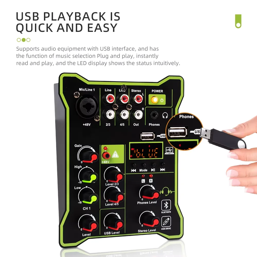 Mini Mixing Console Podcast 4 Channels Sound Card Audio Mixer Individual 48V Bluetooth USB PC Play Record